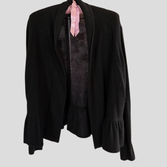 Charter Club  Luxury 100% Cashmere Black Ruffle Open Front Cardigan - Picture 3 of 12